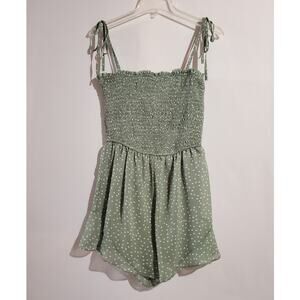 She + Sky NWT Polka Dot Smocked Ruffle Tie Strap Romper M Sage Green Cottage